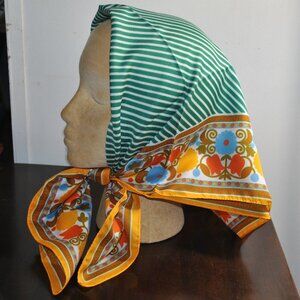 Vintage Green Striped Scarf with Floral Border Made in Italy